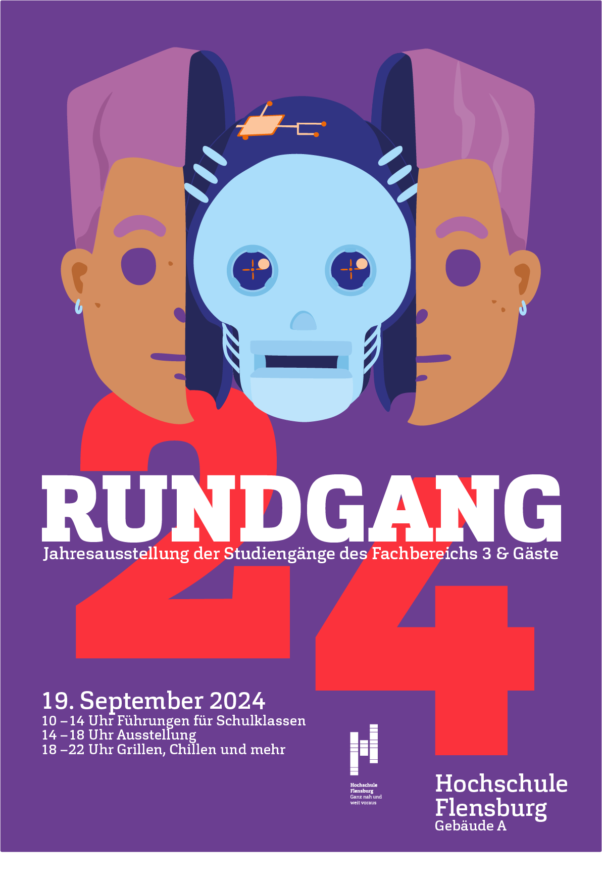 Alternate version of the 'Rundgang 2024' poster, this time with purple-haired characters flanking the robot. Designed for the Hochschule Flensburg exhibition, September 2024.